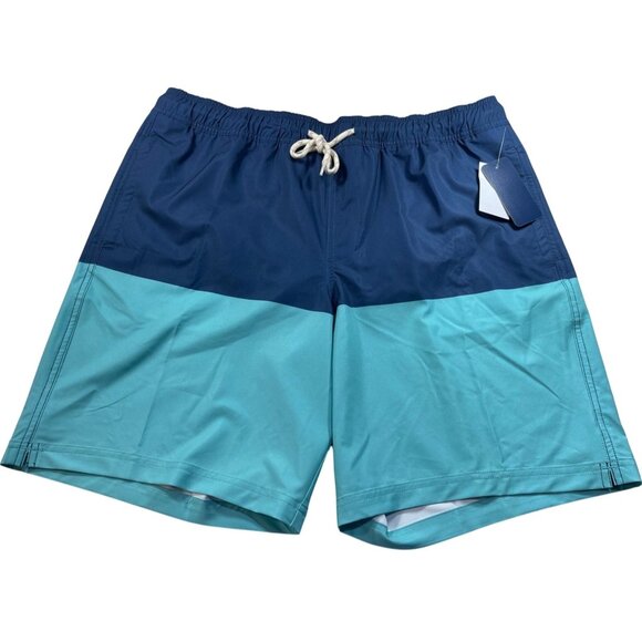 Trinity Coast Mens XLT Swim Shorts Blue & Aqua Color Block Elastic Waist - Picture 1 of 12